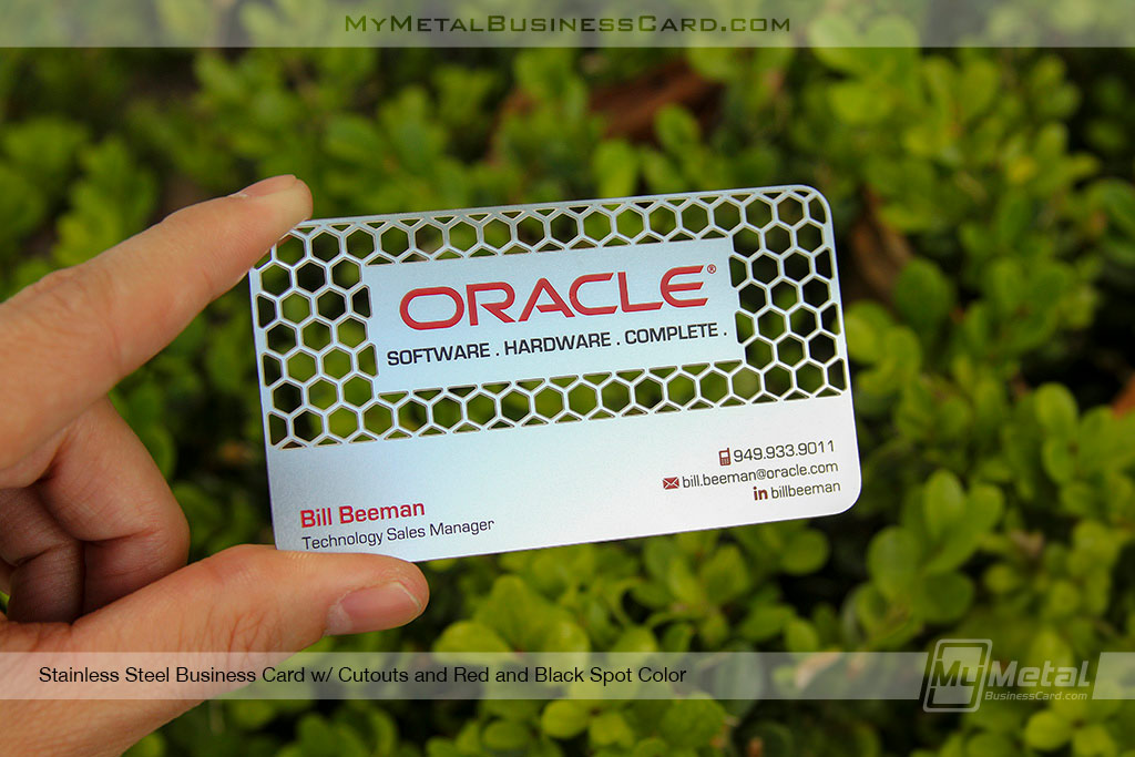 My Metal Business Card | Stainless Steel Metal Business Card With Cutout Honeycomb Pattern With Red 22490