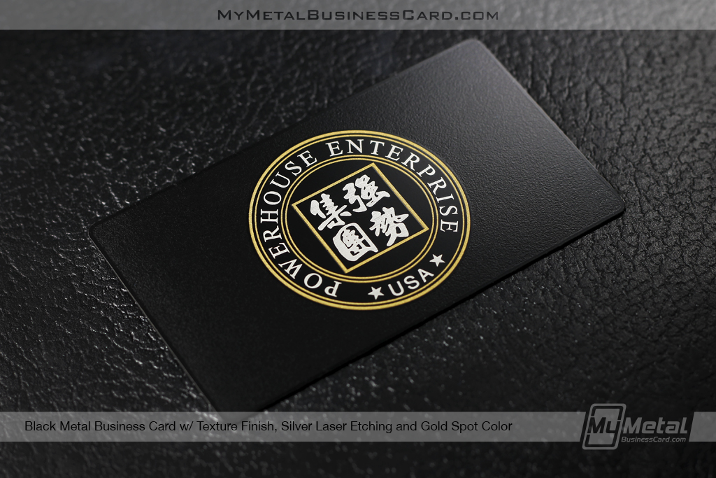 My Metal Business Card | Black Metal Business Card With Textured Finish Silver Laser Etching And Gold Spot Color 518165