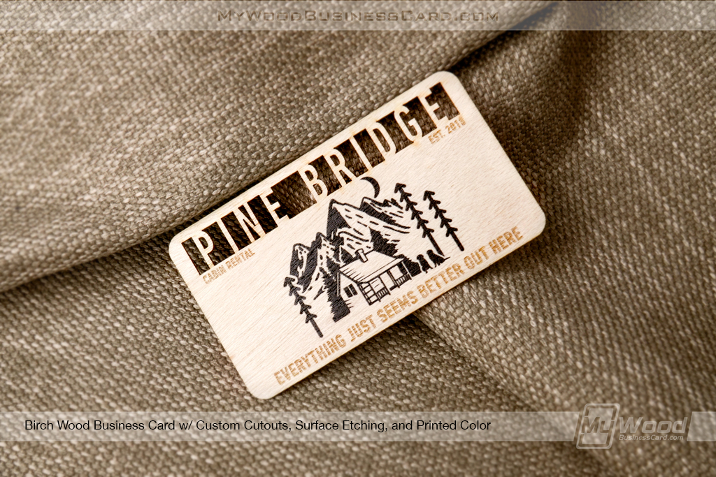 My Metal Business Card | Birch Wood Business Card Custom Cutout Surface Etching Printed Color Pine Bridge
