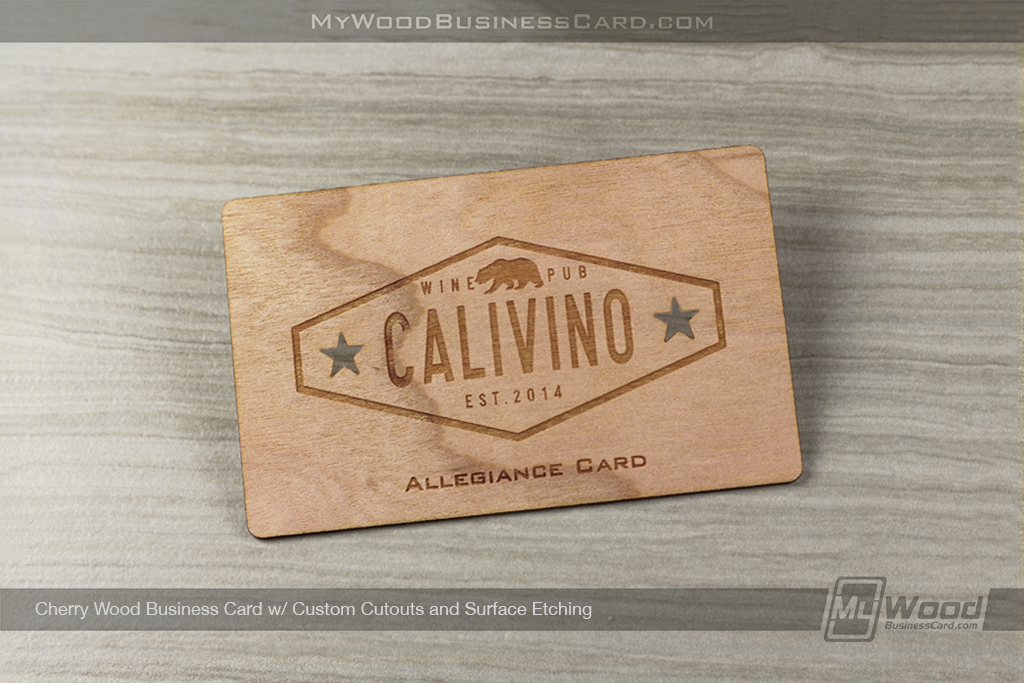 My Metal Business Card | Cherry Wood Allegiance Card With Custom Cutouts Surface Etching For Wine Pub