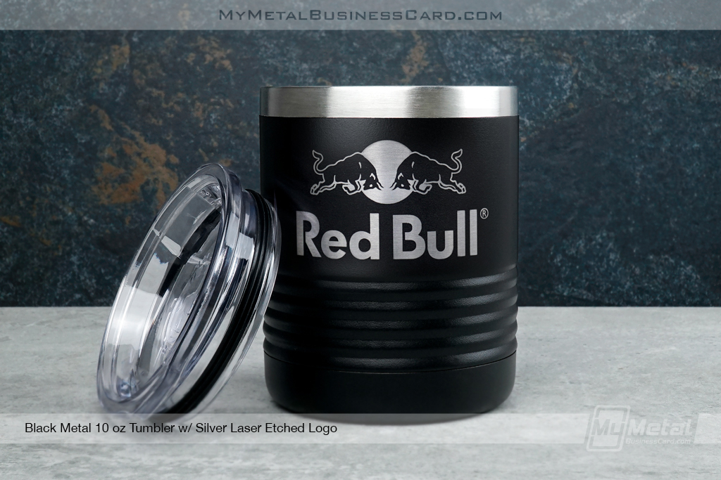 My Metal Business Card | Black Metal 10 Ounce Tumbler With Custom Silver Laser Etched Logo Red Bull