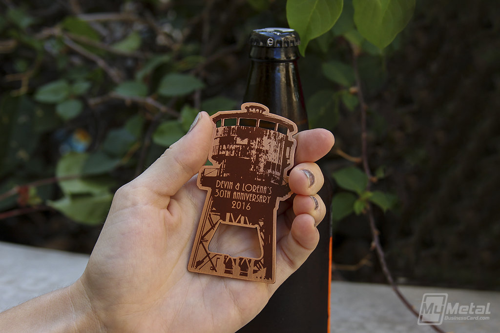 My Metal Business Card | Custom Shaped Sunset Beach Water Tower Copper Finish Metal Bottle Opener 23301