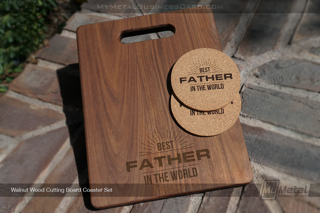 My Metal Business Card | Walnut Cutting Board Set With Coasters For Dad With Custom Father Logo