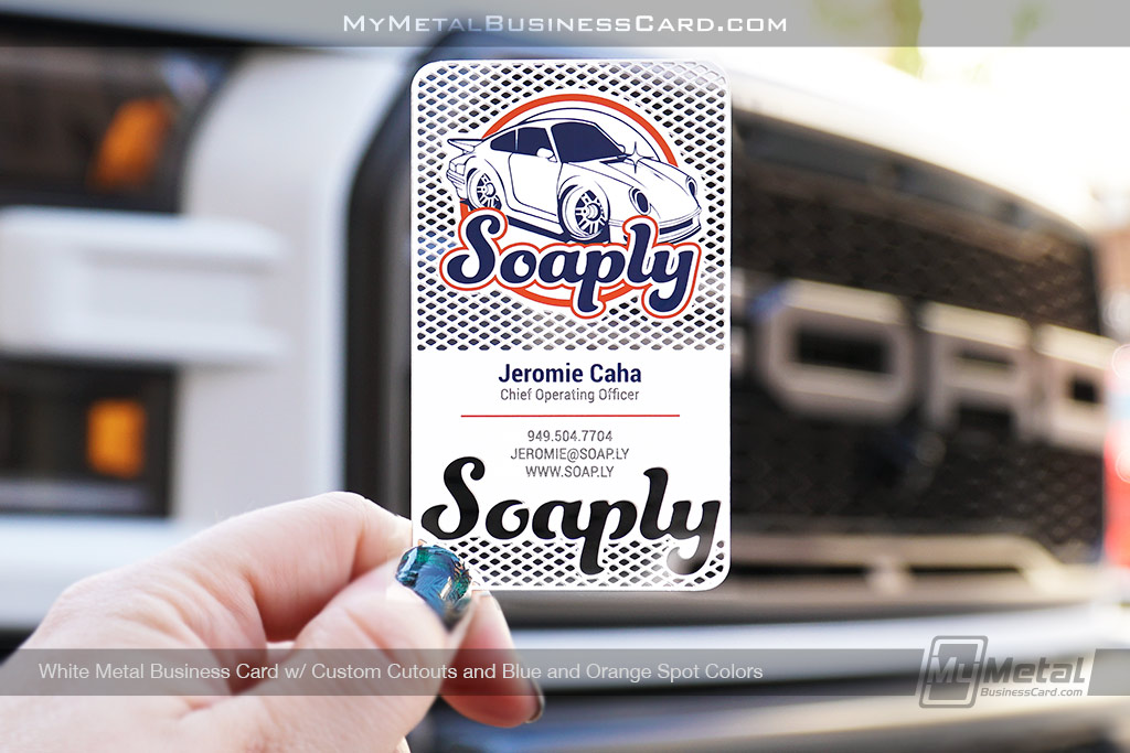My Metal Business Card | White Metal Business Card For Auto Detailer With Spot Colors Cutouts