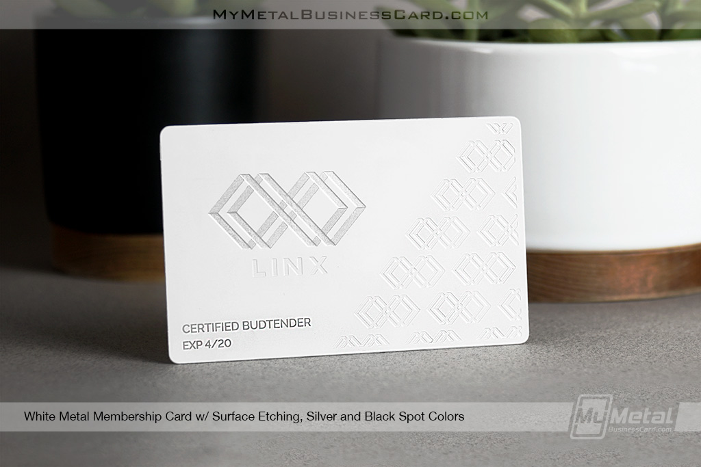 My Metal Business Card | White Metal Membership Card With Embossed Look Etching For Dispensary