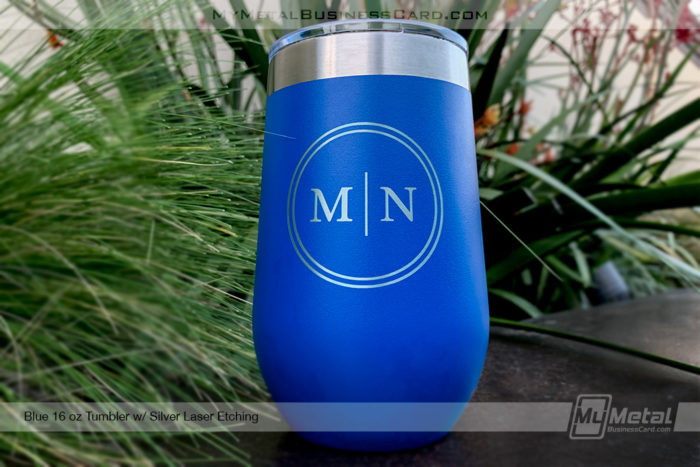My Metal Business Card | Blue Metal 16 Oz Tumbler Wine With Etched Custom Initial Logo