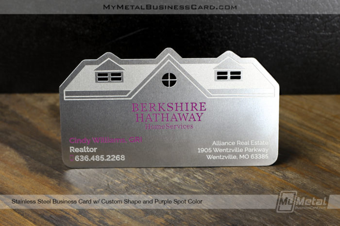 My Metal Business Card | Stainless Steel Metal Business Card For Berkshire Hathaway Realtor Custom Shape Purple Spot Color