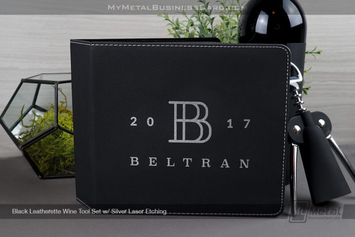 My Metal Business Card | Black Leatherette Wine Tool Gift Set With Custom B Initial Name Logo