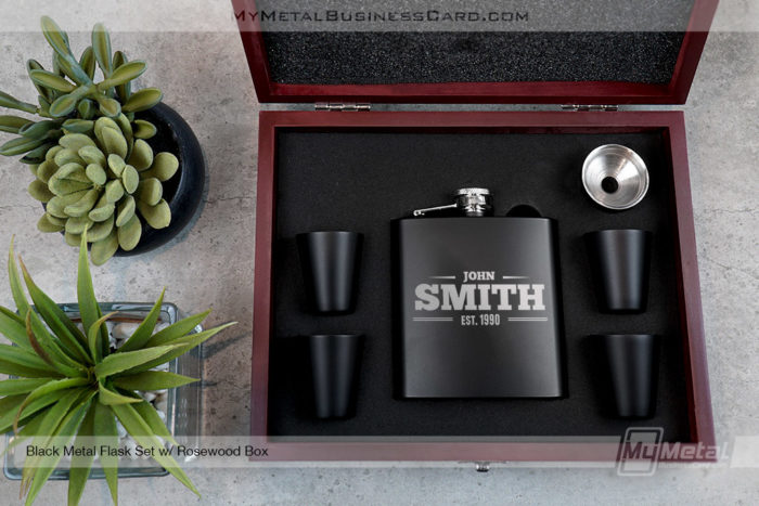 My Metal Business Card | Black Metal Flask Set With Rosewood Box And Shot Glasses