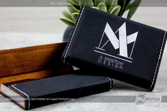 My Metal Business Card | Card Holder Black Leatherette With Laser Etched Logo For Designer