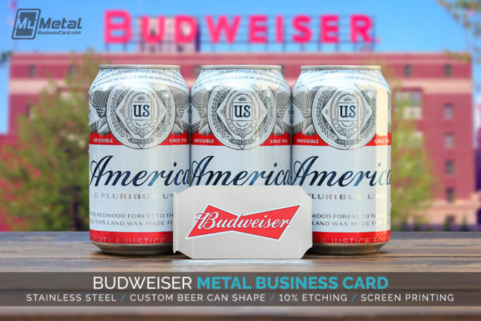Budweiser Metal Business Card In Front Of Budweiser Cans