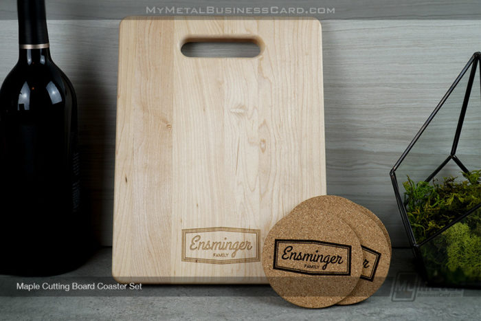 My Metal Business Card | Maple Cutting Board Coaster Set With Etched Family Logo