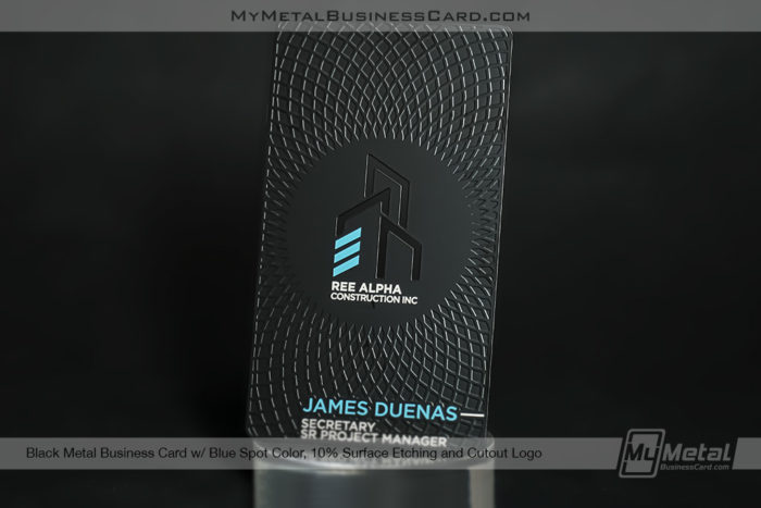 Black-Metal-Alpha-Construction-Business-Card-With-Surface-Etch-Pattern-And-Blue-Spot-Color