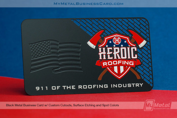 Black-Metal-Business-Card-For-Roofing-Company-With-American-Flag-Embossed-Look