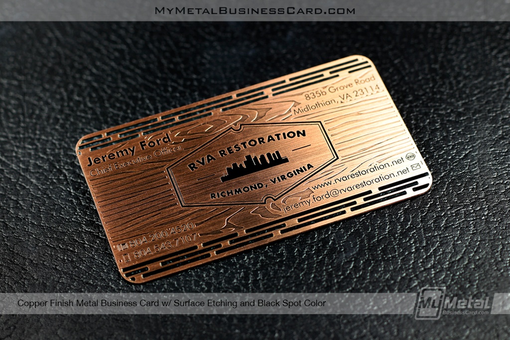 Metal Business Cards For Construction - Copper Finish Card With Surface Etching And Spot Color - Rva Restoration