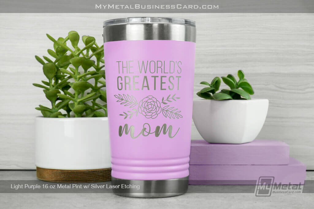 16 Oz Polar Camel Metal Pint Tumbler In Light Purple. &Quot;The World'S Greatest Mom&Quot; Sample Logo Featured.