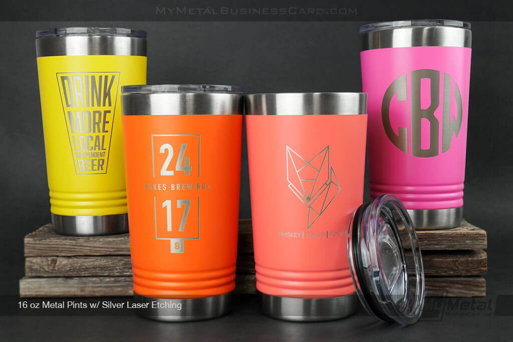 16 Oz Polar Camel Metal Pint Tumbler In The Bold Colors Of Yellow, Orange, Coral And  Pink. Assorted Sample Logos Featured.