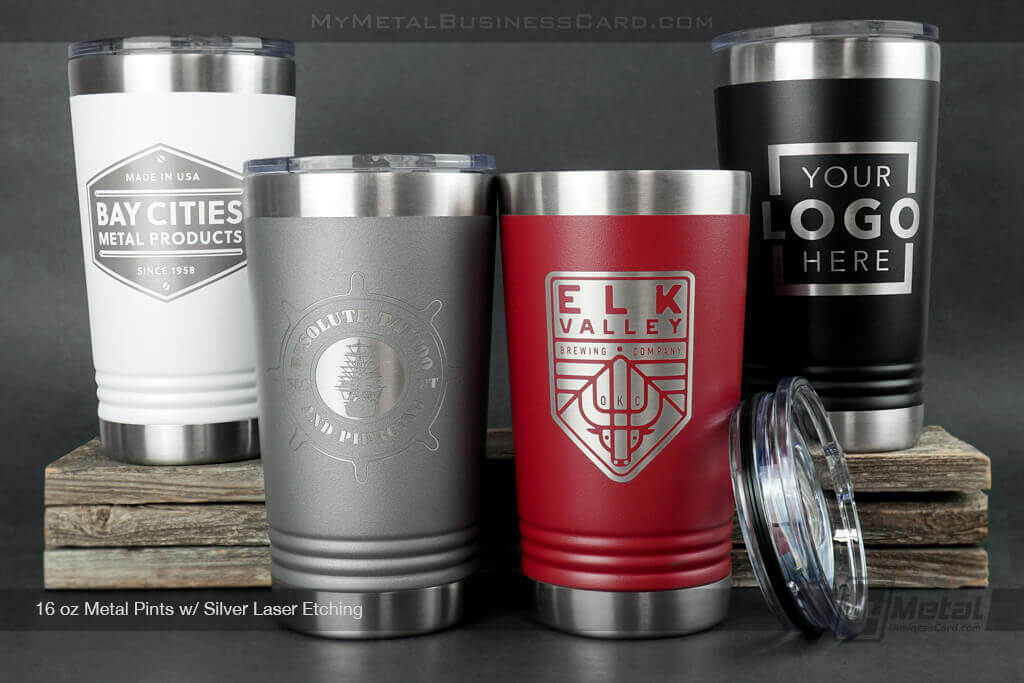 16 Oz Polar Camel Metal Pint Tumbler In The Classic Colors Of White, Grey, Maroon, And Black. Assorted Sample Logos Featured.