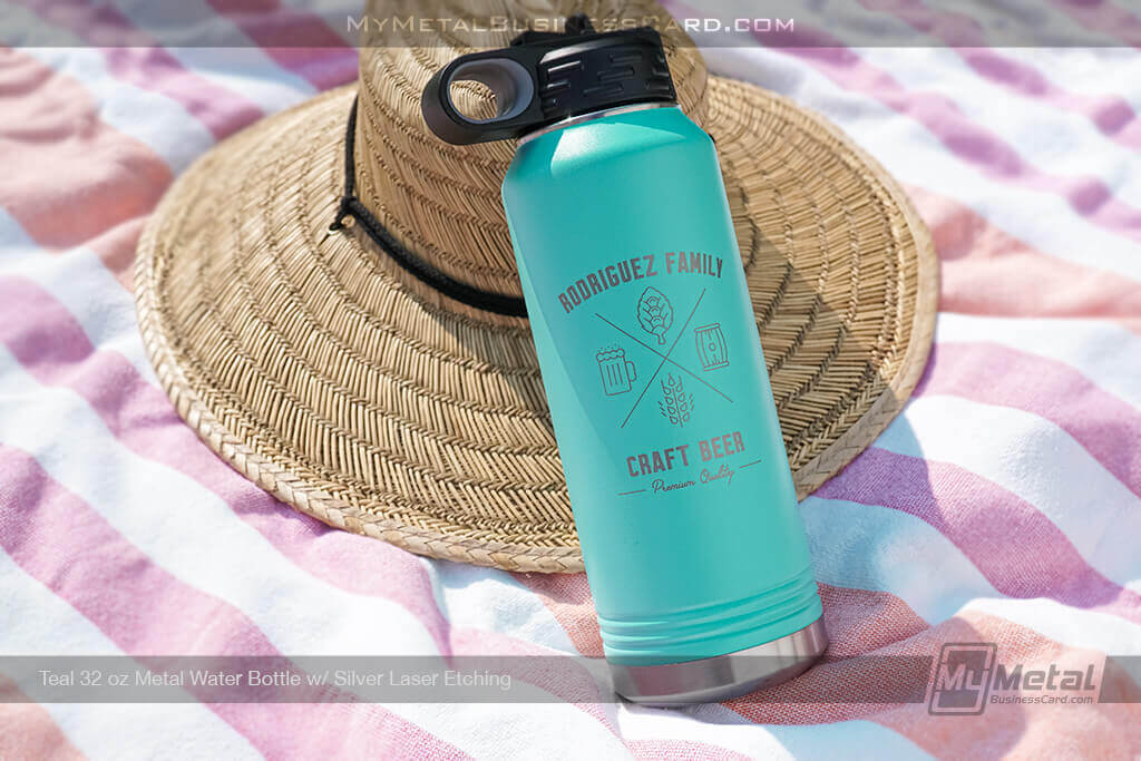 Teal-Metal-Water-Bottle-With-Custom-Family-Beer-Inspired-Logo-Etching