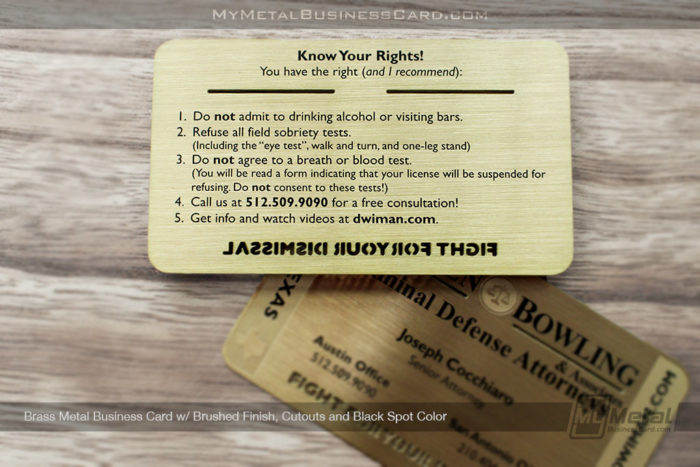 My Metal Business Card | Brushed Brass Finish Metal Business Card For Lawyer Featuring Your Rights 1