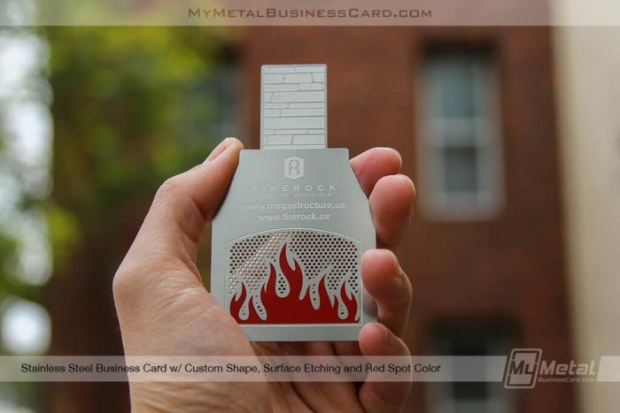 My Metal Business Card | Custom Fireplace Shaped Stainless Steel Metal Business Card With Red Spot Coloring 21788 1