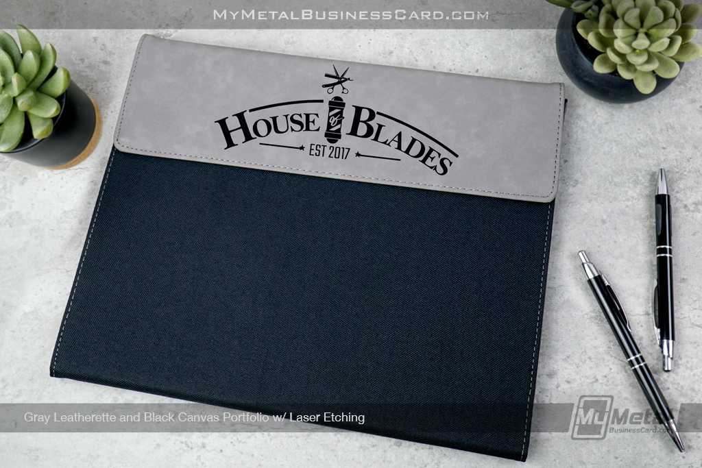 My Metal Business Card | Gray Leatherette Black Canvas Portfolio Laser Etching House Of Blades