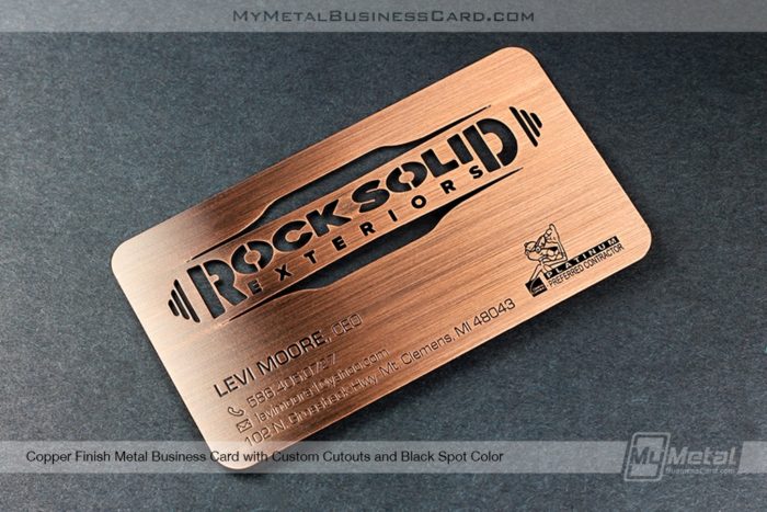Metal Business Cards For Construction Company - Home Builders -Rock Solid Exteriors Copper Finish Metal Business Card With Laser And Custom Cutouts Black Spot Color