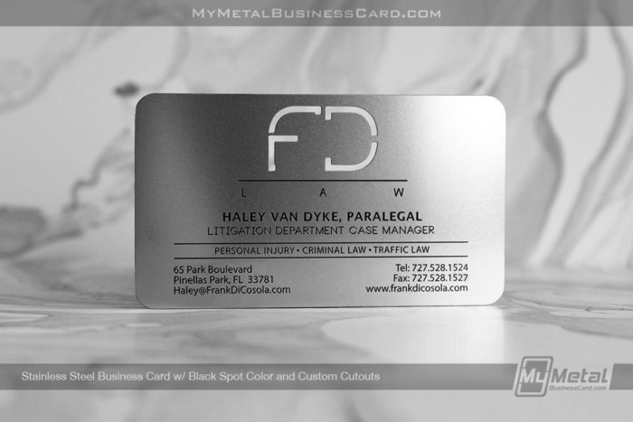My Metal Business Card | Stainless Steel Metal Business Card With Black Spot Color And Cutouts For Law Office