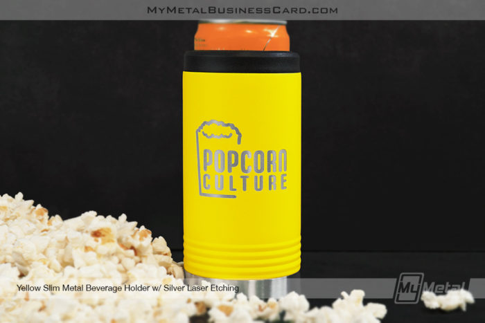 My Metal Business Card | Slim Yellow Metal Beverage Holder For Popcorn Culture Perfect For Thin Can Design