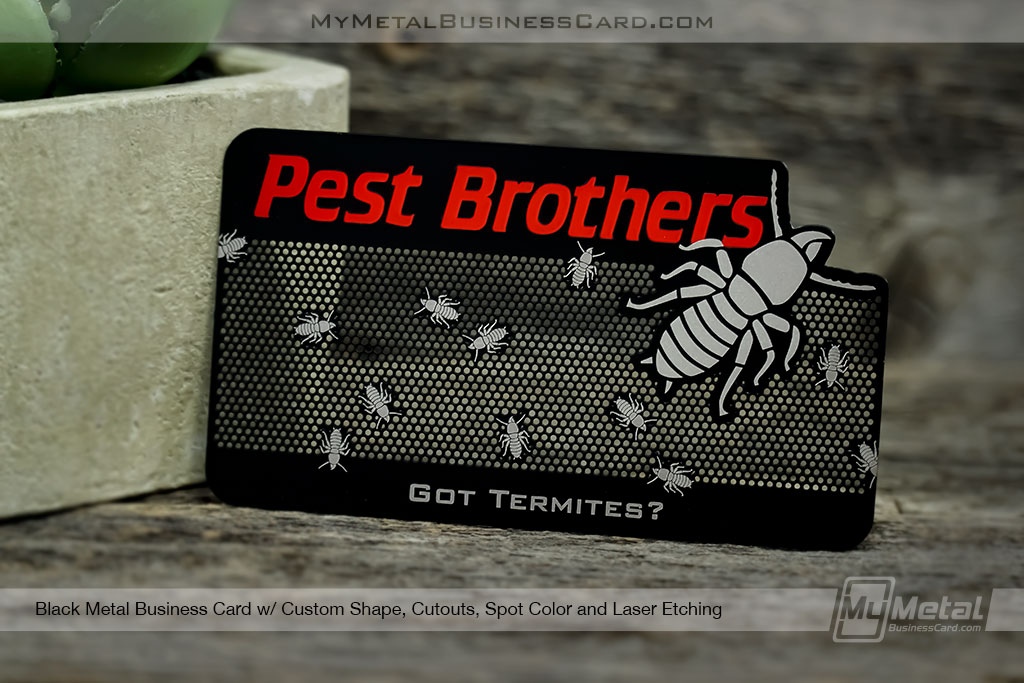 Black Metal Business Card Design With Custom Termite Design For Exterminator