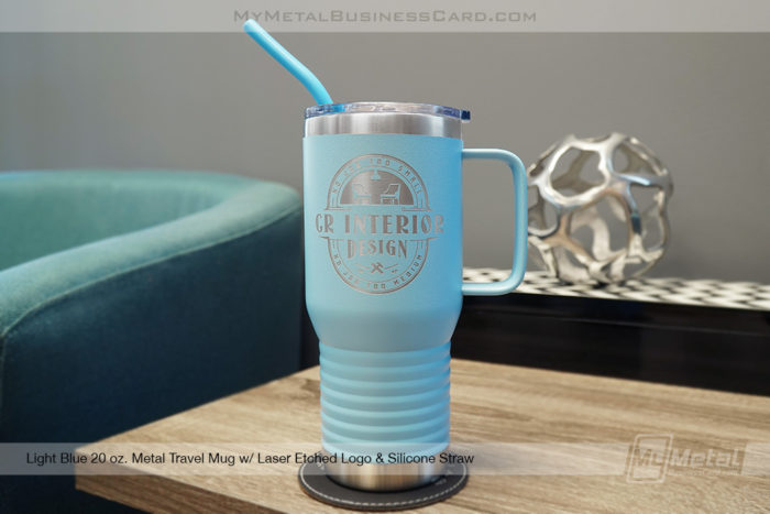 My Metal Business Card | Light Blue 20 Oz Metal Travel Mug Laser Etched Logo