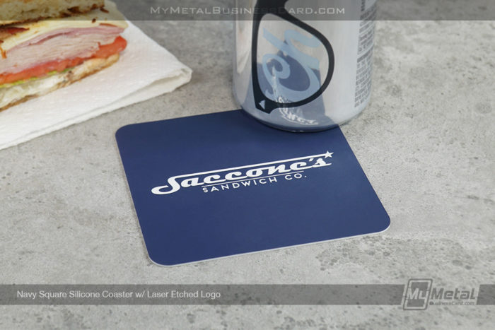 My Metal Business Card | Navy Square Silicone Coaster Laser Etched Logo