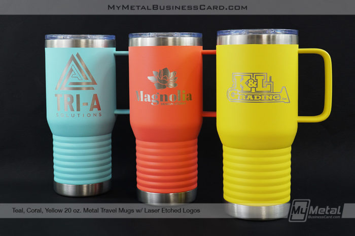 My Metal Business Card | Teal Coral Yellow 20 Oz Metal Travel Mug Laser Etched Logo