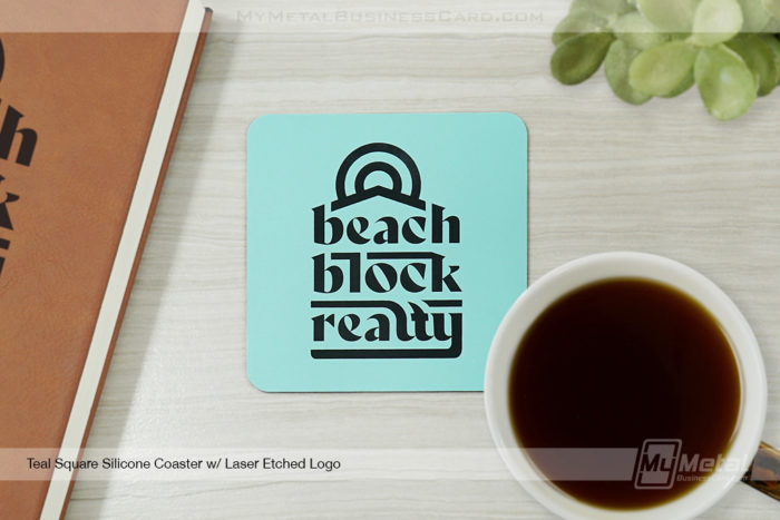 My Metal Business Card | Teal Square Silicone Coaster Laser Etched Logo