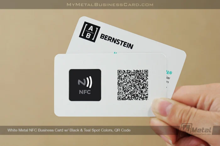 My Metal Business Card |&nbsp;White Metal NFC Card Black Teal Spot Colors QR Code Bernstein
