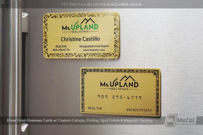My Metal Business Card | Brass Finish Business Cards Shiny Cutouts Etching Spot Colors Magnetic Backing Ms Upland Designs