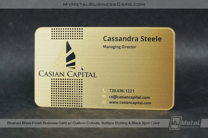 My Metal Business Card | Brushed Brass Finish Business Card Cutouts Etching Black Color Casian Capital