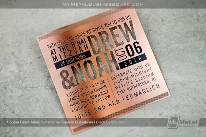 Business Card Sizes and Dimensions Guide 2026 18 My Metal Business Card | Copper Finish Metal Invitation Square with Rustic Cutout Design