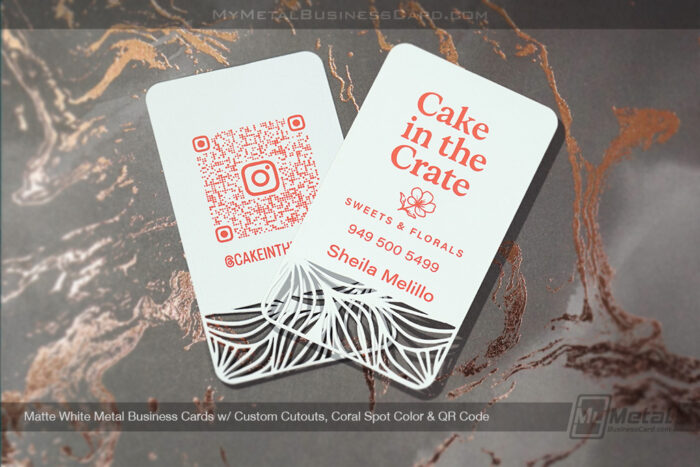 My Metal Business Card | Matte White Metal Business Card Cutouts Coral Color QR Code Cake Crate