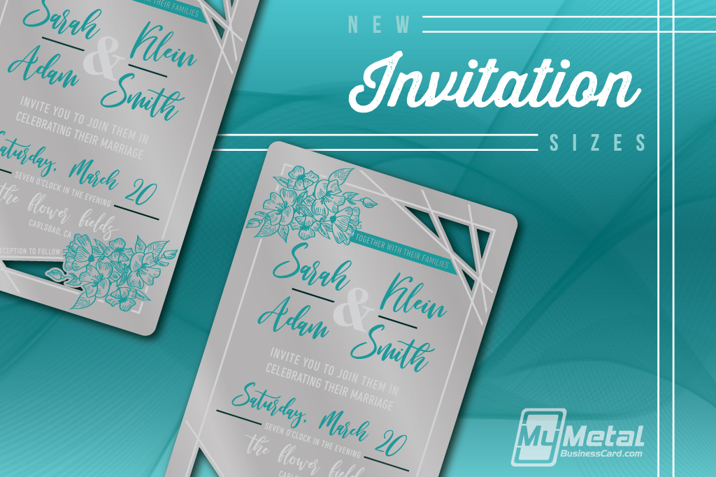 Two Stainless Steel Metal Invitations With Text Introducing New Invitation Sizes.