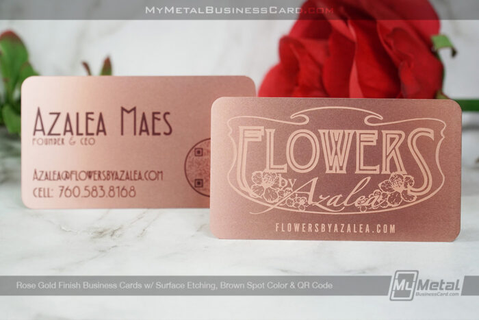 My Metal Business Card | Rose Gold Finish Business Card Surface Etching Brown Color QR Code Azalea