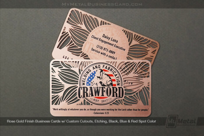 My Metal Business Card | Rose Gold Finish Business Cards Cutouts Etching Black Blue Red Colors Crawford Welding