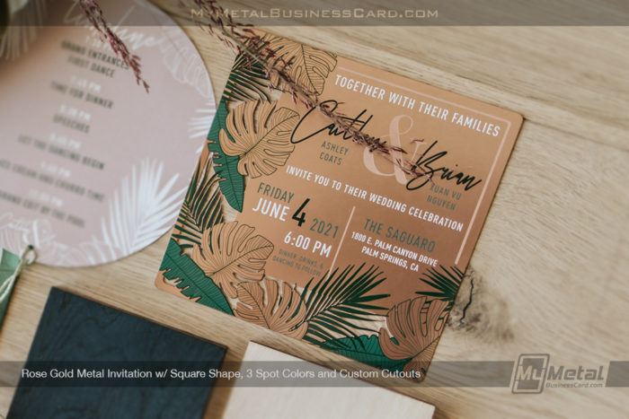 My Metal Business Card | Rose Gold Finish Metal Invitation With Tropical Design Palm Springs