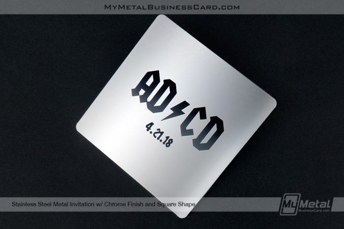 My Metal Business Card | Square Stainless Steel Metal Invitation With Chrome Finish Abd Black Acdc Inspired Logo