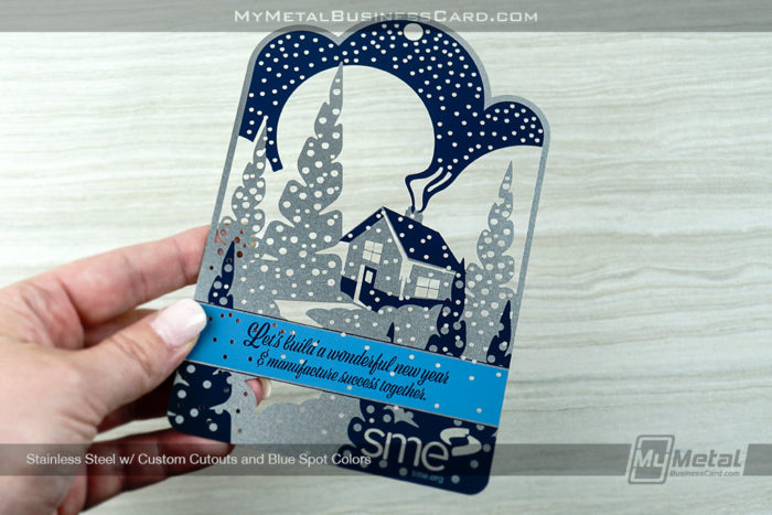 My Metal Business Card | Stainless Steel Metal Invitation With Custom Cutout Of Christmas Village