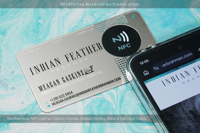 My Metal Business Card | Stainless Steel NFC Card Cutouts Etching Black Teal Color Indian Feather
