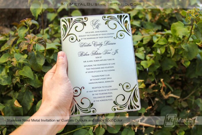 My Metal Business Card | Stainless Steel Wedding Invitation With Floral Cutouts 20647