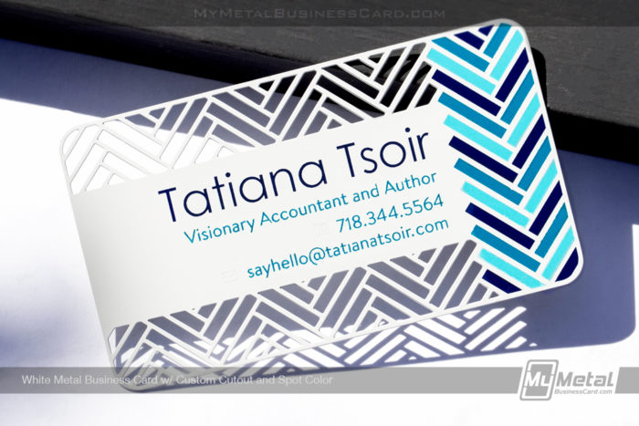 My Metal Business Card | White Metal Business Card Custom Cutout Spot Color Tatiana