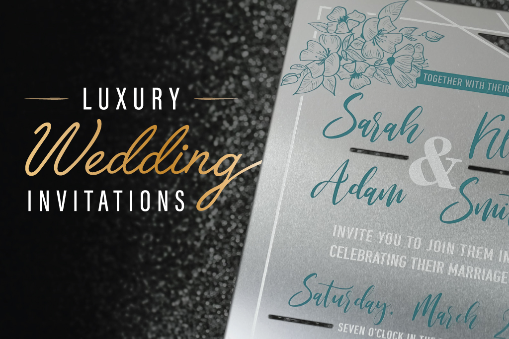 Luxury Wedding Invitations Text With Stainless Steel Invitation On Right Side Of Image Against Dark Background