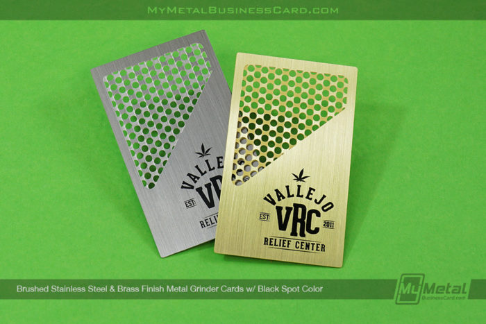 Brushed Stainless Steel Brass-Finish-Metal-Cannabis Business Card Grinder Card Black Spot Color Vrc